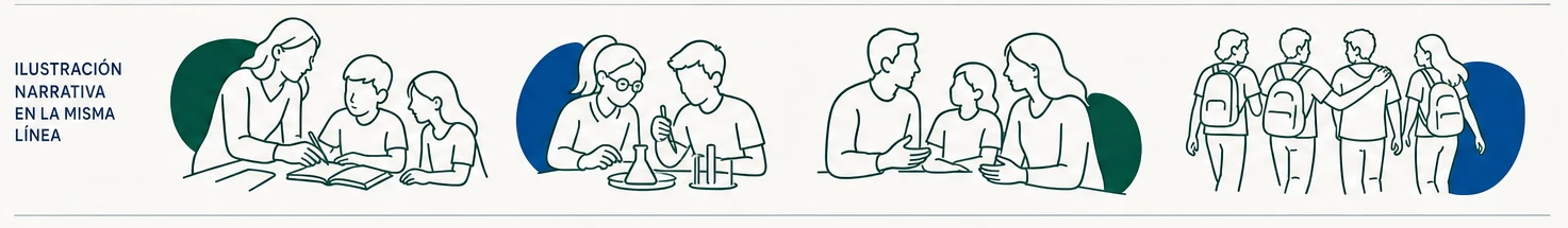 Ilustraciones lineales de acompañamiento escolar, experimentación científica, conversación en familia y comunidad estudiantil.